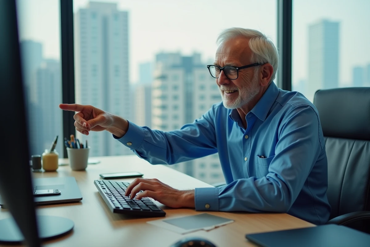 Homme d age pointant la touche M sur un clavier dans un bureau moderne