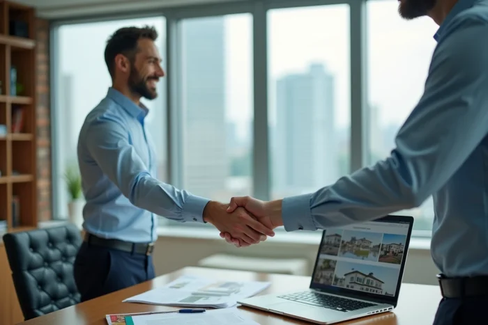 Homme signant un contrat et serrant la main d'un agent immobilier lors de son premier achat immobilier