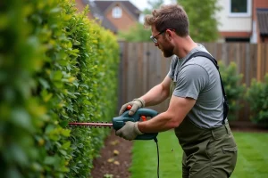 Homme utilisant un taille-haie électrique filaire pour tailler une haie verte dans un jardin bien entretenu