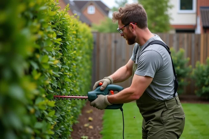 Homme utilisant un taille-haie électrique filaire pour tailler une haie verte dans un jardin bien entretenu