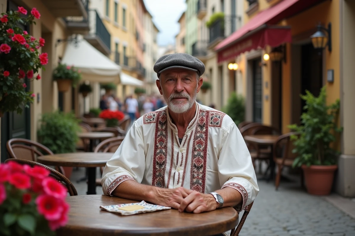 Homme ukrainien en tenue traditionnelle dans un café à Lviv