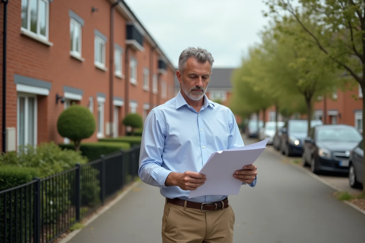 Homme étudiant des plans devant des maisons de ville