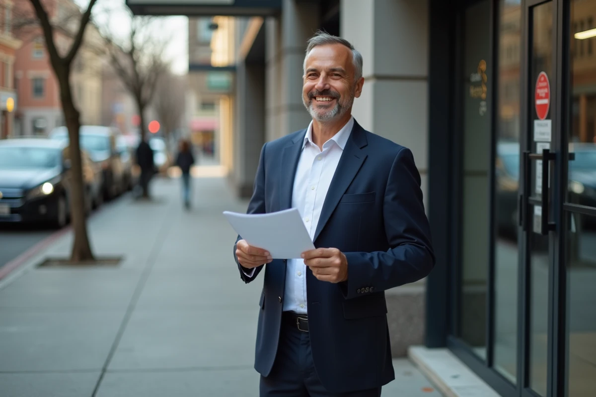 Homme d affaires dans une rue urbaine avec documents et expression soulagée