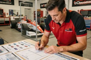Ingénieur de course analysant des fiches techniques pour choisir la voiture idéale selon le guide Mikado Racing