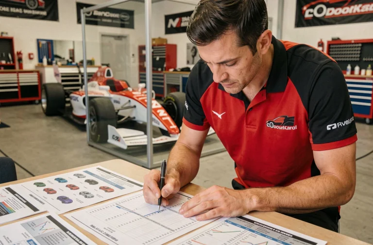 Ingénieur de course analysant des fiches techniques pour choisir la voiture idéale selon le guide Mikado Racing