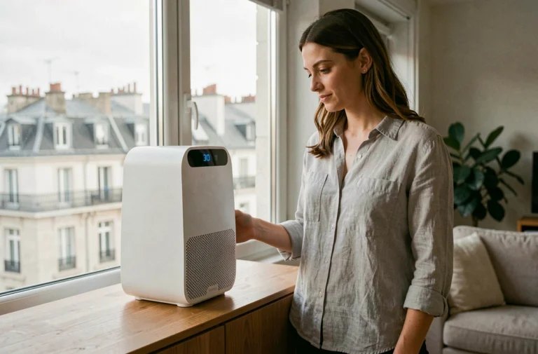 Femme examinant un ioniseur d'air blanc posé sur un meuble en bois dans un appartement parisien contemporain avec vue sur la ville