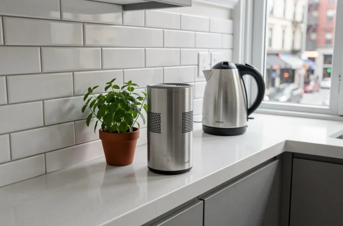 Ioniseur d'air compact posé sur un plan de travail de cuisine en appartement urbain avec carrelage blanc et herbes aromatiques