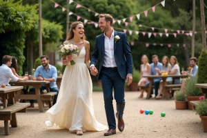 Jeune couple marié jouant à la pétanque dans un jardin