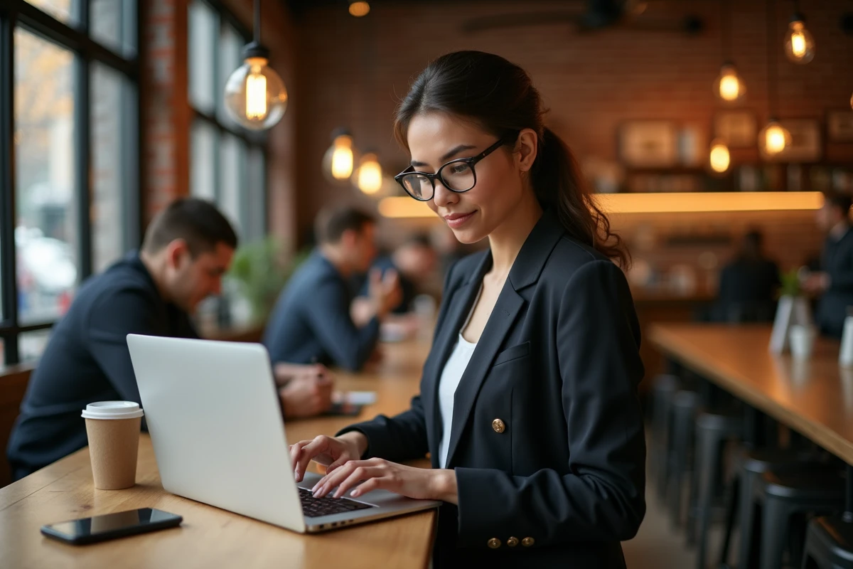 Jeune entrepreneure travaillant dans un café urbain dynamique