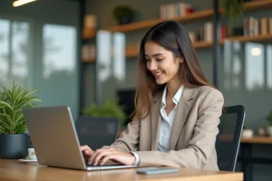 Jeune femme en tenue business assise à un bureau lumineux