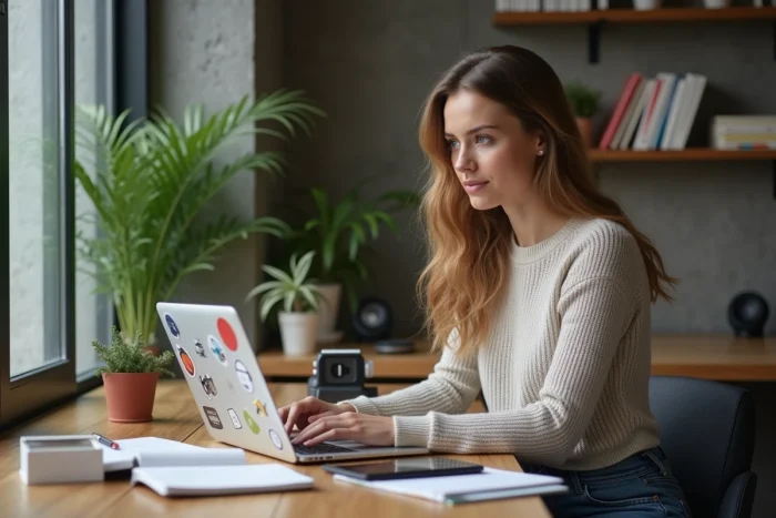 Jeune femme concentrée travaillant sur son ordinateur dans un bureau cosy
