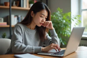 Jeune femme concentrée devant son ordinateur dans un bureau lumineux