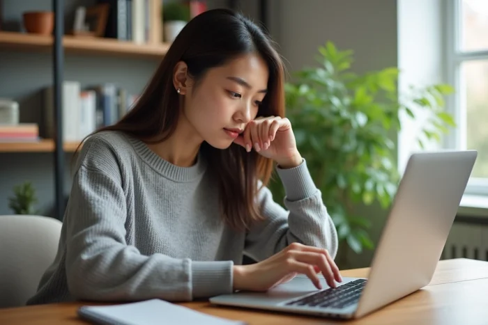 Jeune femme concentrée devant son ordinateur dans un bureau lumineux