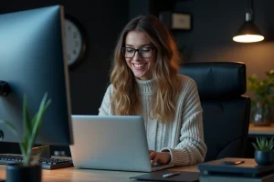 Jeune femme souriante dans un bureau hightech moderne