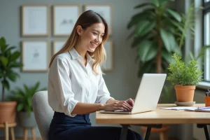 Jeune femme souriante travaillant sur son ordinateur dans un espace coworking