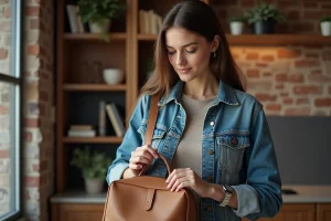 Jeune femme vérifiant la fermeture d'un sac à dos dans un appartement urbain