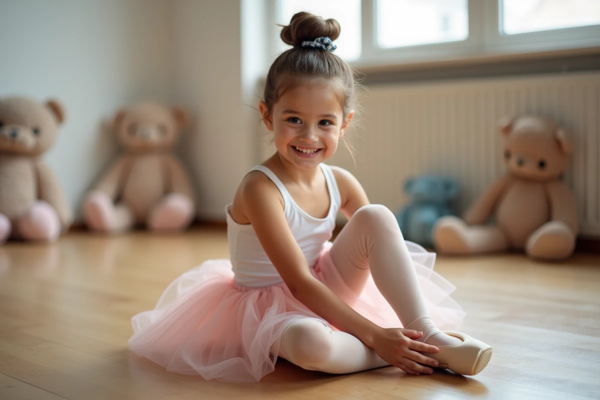 Jeune fille souriante en ballet ajustant sa chaussure