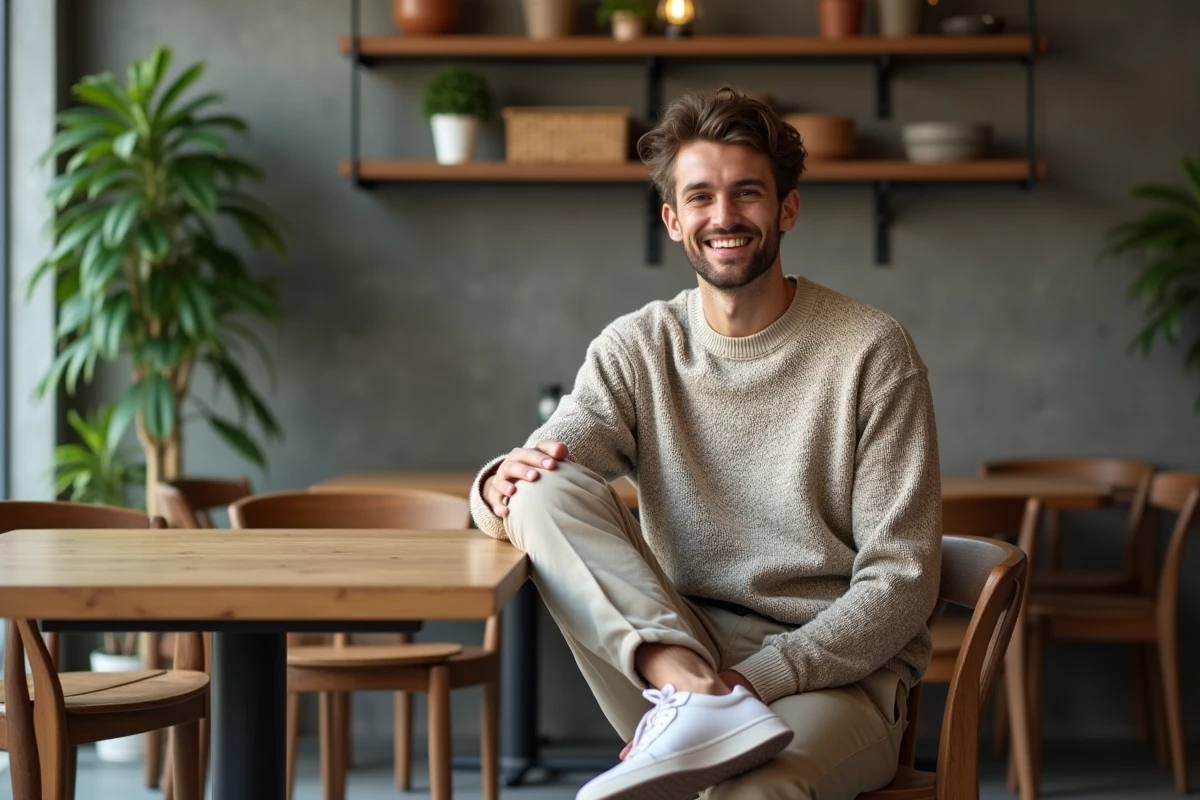 Jeune homme souriant dans un café moderne intérieur