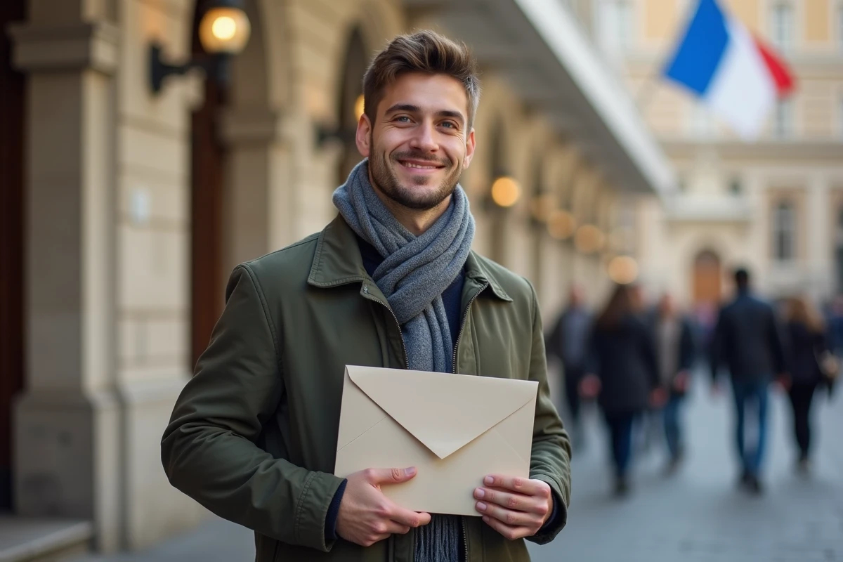 Jeune homme souriant devant mairie avec enveloppe