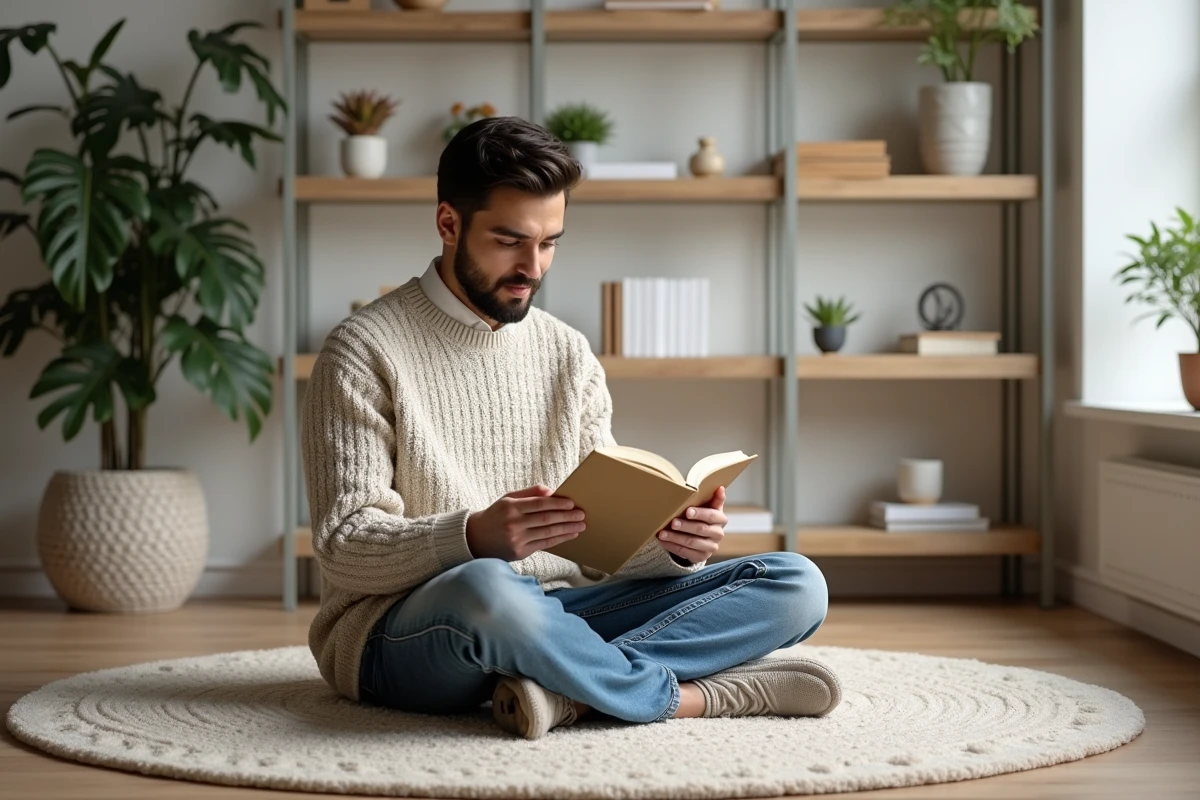Jeune homme lisant un livre d art dans un appartement moderne