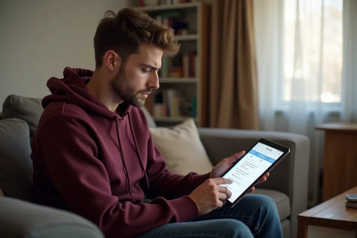 Jeune homme mettant à jour ses critères France Travail 2026 sur une tablette depuis son domicile