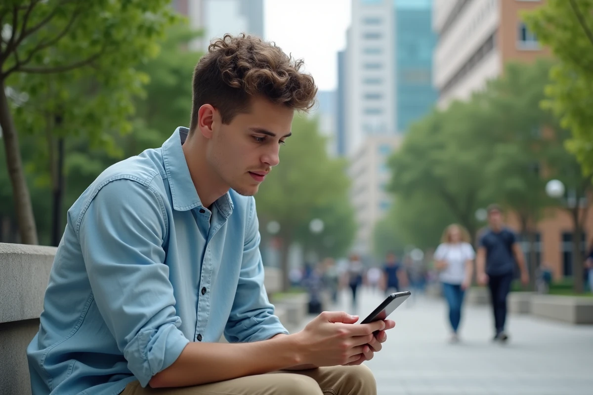 Jeune homme assis dans un parc urbain regardant son smartphone