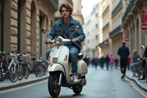 Jeune homme en scooter rétro dans une ville animée