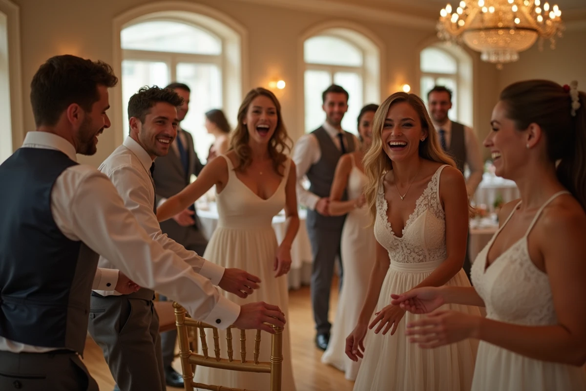 Groupe d invités jouant aux chaises musicales en intérieur