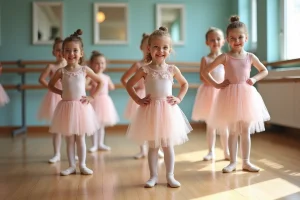 Groupe d'enfants en ballet dans un studio lumineux