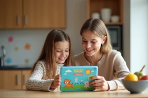 Maman et sa fille regardent une tablette dans la cuisine