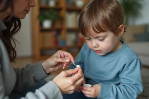 Maman donnant du medicament a son bebe dans le salon