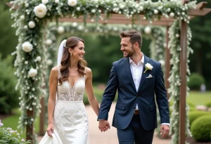 Jeune couple de mariés dans un jardin lors d'un mariage