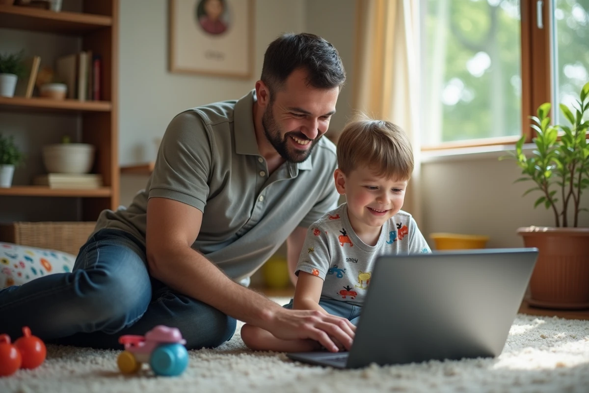 Pere et son fils jouent sur un ordinateur dans le salon