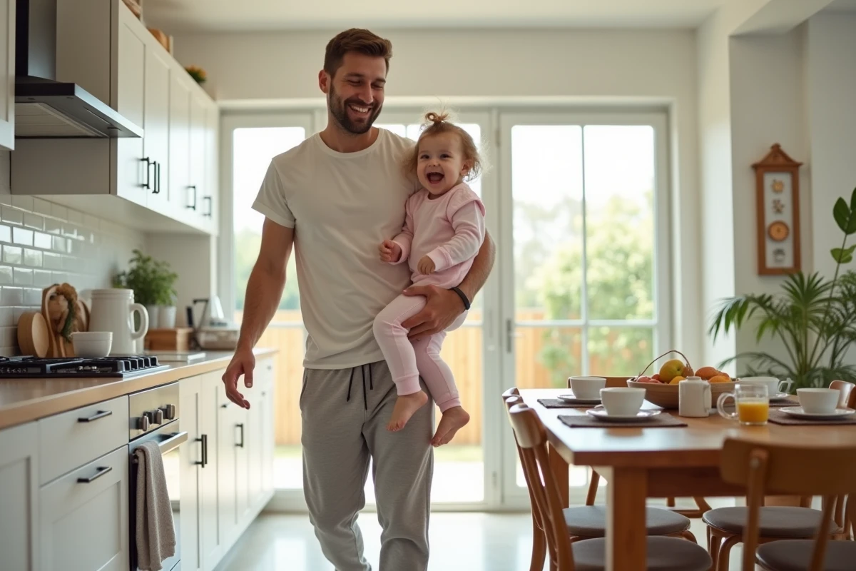 Père souriant portant sa fille dans la cuisine lumineuse