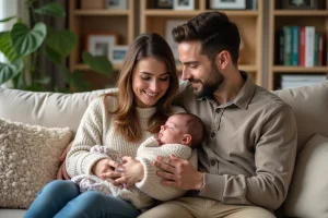 Jeune couple avec bébé dans un salon chaleureux