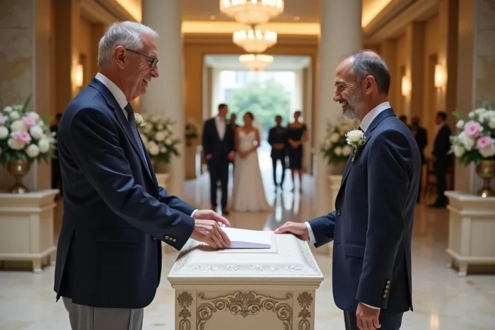 Parrain en blazer marine glissant une enveloppe dans l'urne lors d'un mariage élégant