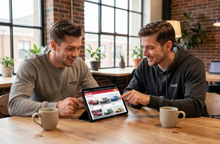 Deux passionnés de motorsport consultant le guide Mikado Racing sur tablette pour choisir leur voiture de course idéale