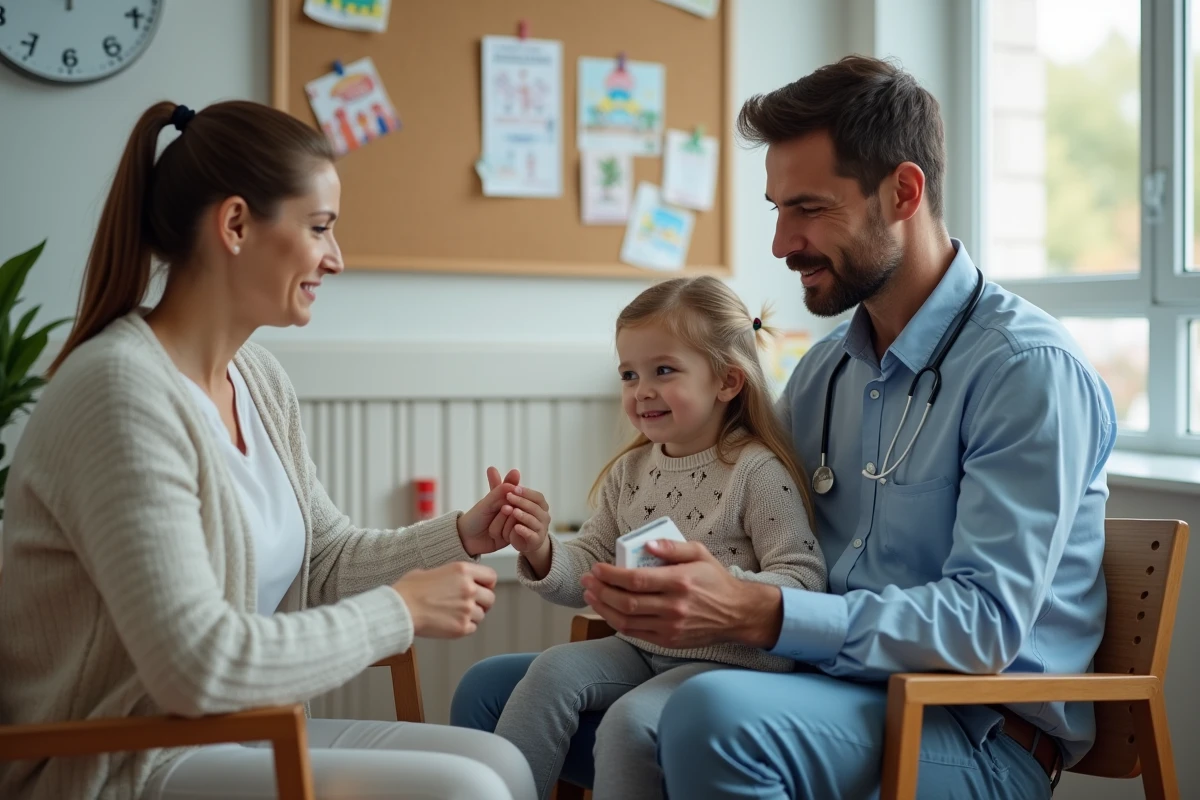 Pediatre discutant dosage avec un pere et sa fille en clinique