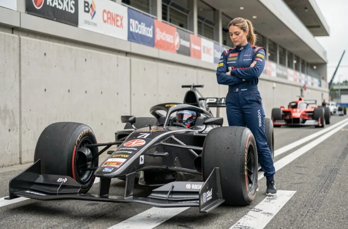 Pilote de course féminine comparant les caractéristiques aérodynamiques d'une voiture de course en paddock