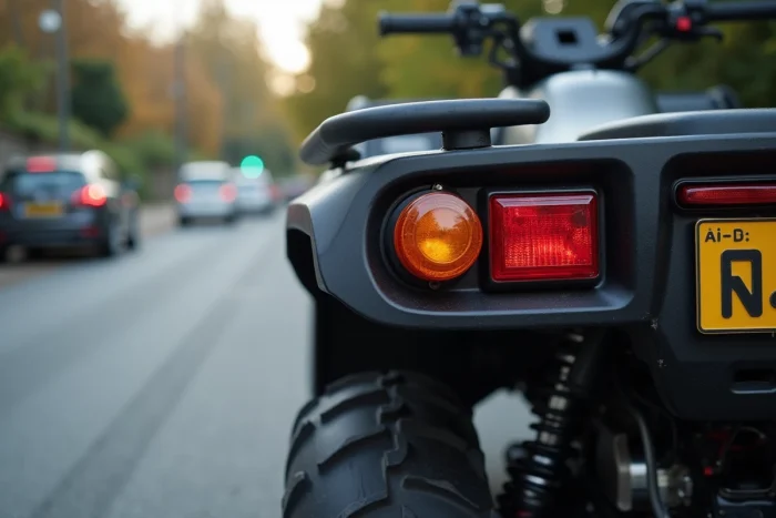 Détail de la plaque d'immatriculation et des feux réglementaires d'un quad T3B homologué pour la route