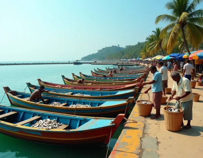 Port de pêche traditionnel au Sri Lanka avec bateaux colorés et pêcheurs locaux triant leur prise sur le quai