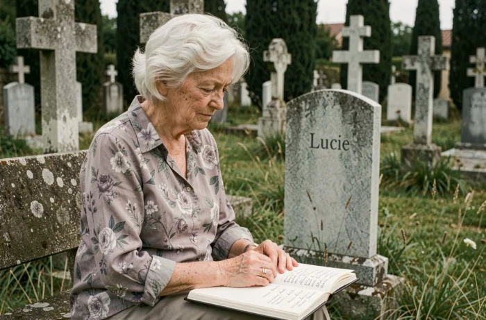 Femme âgée assise dans un cimetière provençal consultant ses notes généalogiques devant une pierre tombale gravée du prénom Lucie, symbolisant les racines historiques du prénom