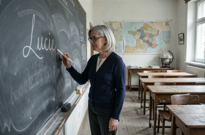 Institutrice écrivant le prénom Lucie à la craie sur un tableau noir dans une salle de classe française vintage, illustrant l'histoire et la tradition du prénom