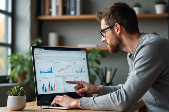 Professionnel du référencement naturel analysant un tableau de bord SEO sur son ordinateur portable dans un bureau à domicile minimaliste