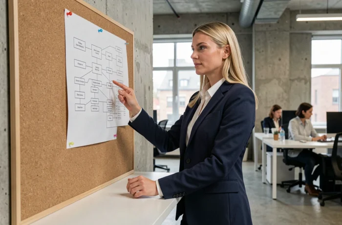 Professionnelle étudiant un plan de site imprimé sur un tableau en liège dans un bureau moderne