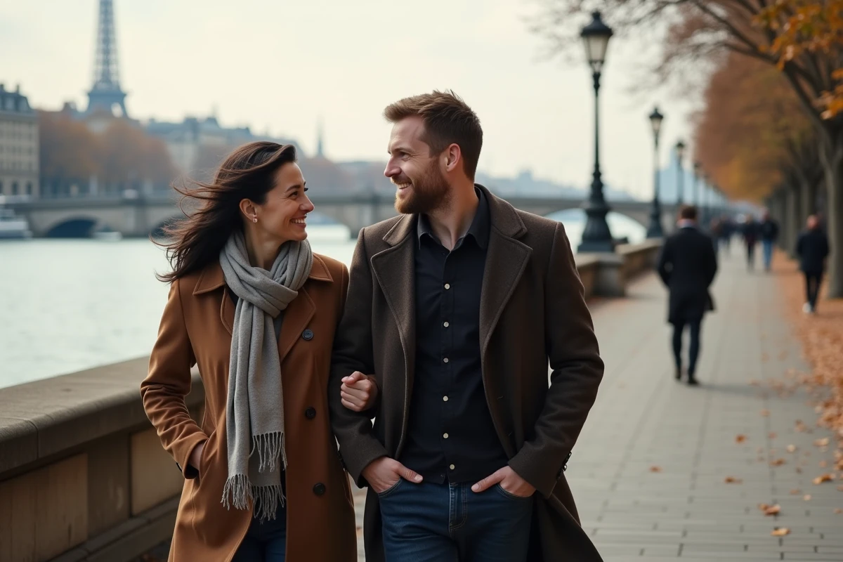 Couple se promenant le long de la Seine en automne