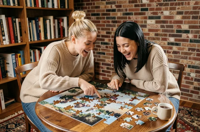 Deux amies s'amusant à assembler un puzzle sur une table dans un appartement vintage cosy, idée de divertissement créatif entre amis