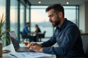 Employé de bureau turc consultant des documents financiers dans un bureau moderne d'Istanbul avec vue sur le Bosphore