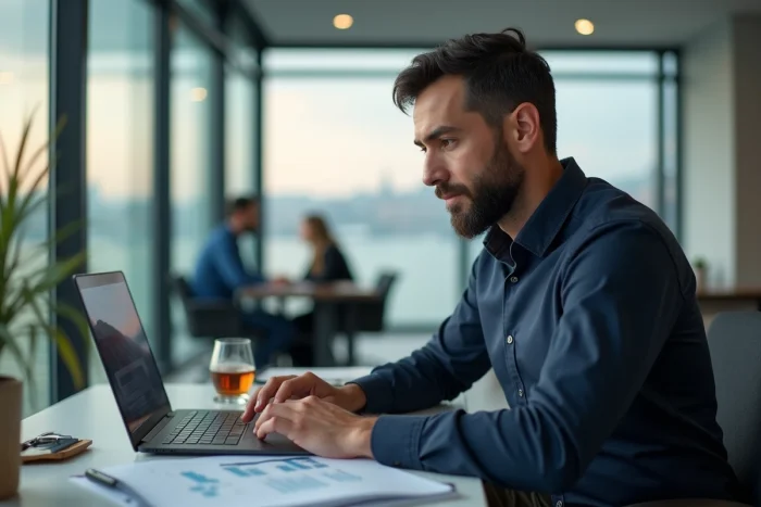 Employé de bureau turc consultant des documents financiers dans un bureau moderne d'Istanbul avec vue sur le Bosphore