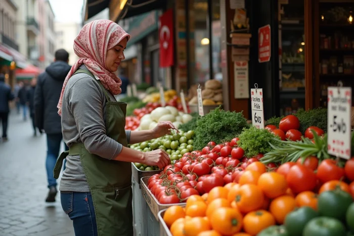 Commerçante turque vendant des produits frais au marché de Kadıköy à Istanbul avec des prix en lires turques